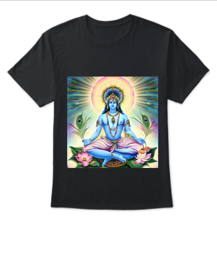 Divine Fusion: Krishna & Peacock Feather T-shirt – Harmony in Design - Front